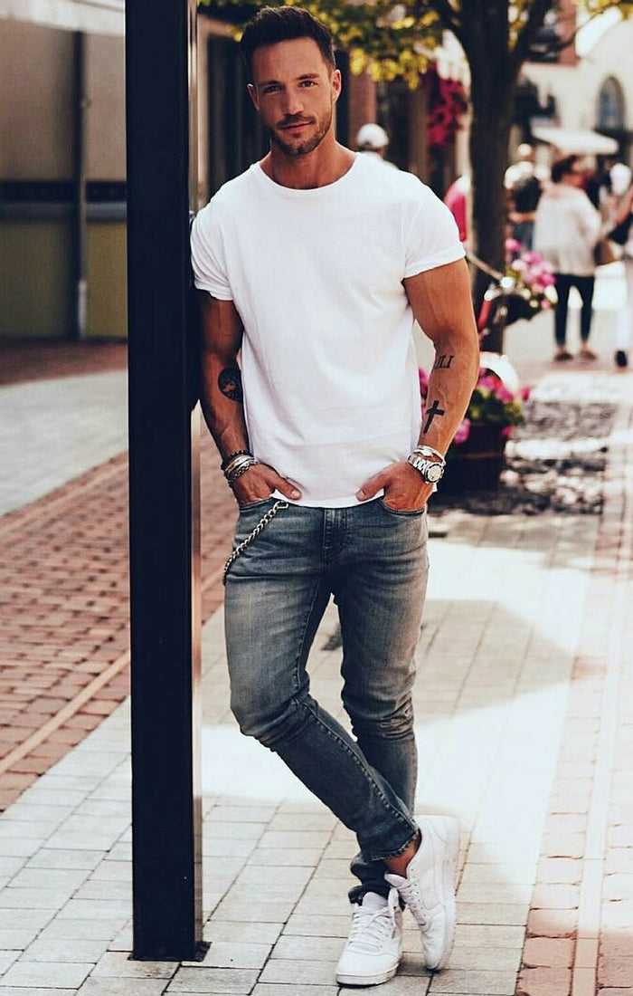 white t-shirt outfit ideas for men. #mens #fashion #style
