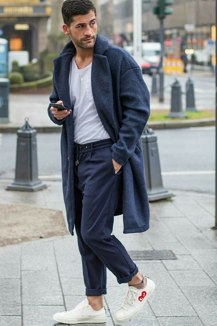 navy chinos with black shoes