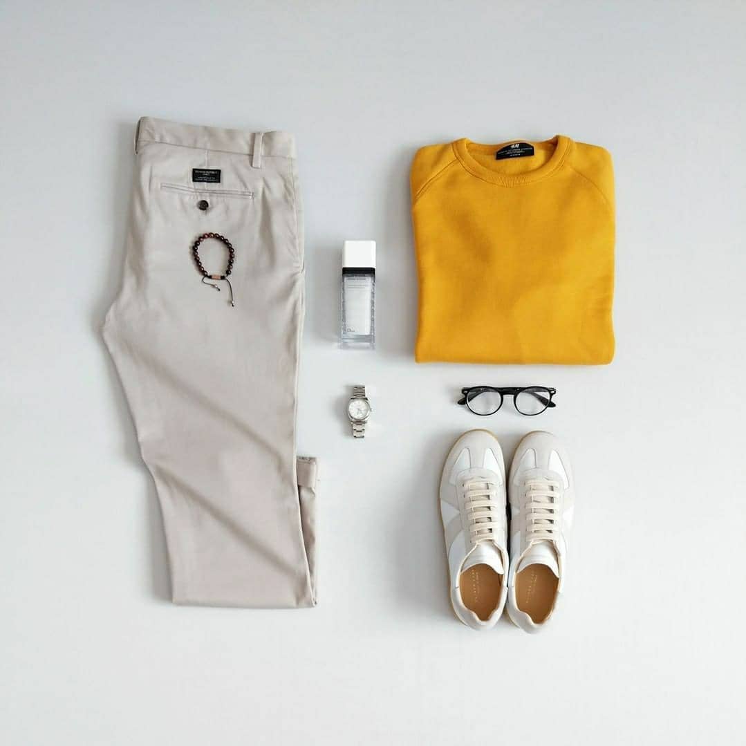 beige pants, yellow t-shirt outfits for men