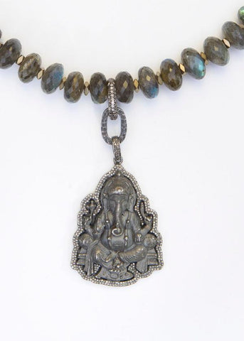 Faceted Labradorite Beads, Hematite rings & Diamond Clasp w/ Frosted Sterling & Diamond Ganesha Pendant (18"+ 2.5")