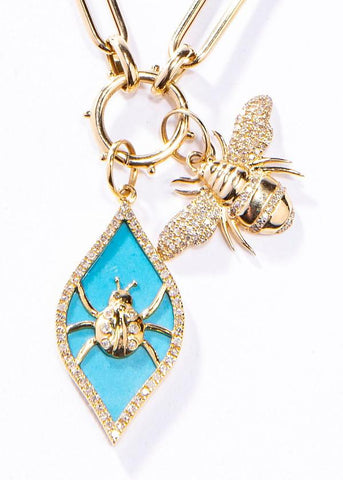 14K Yellow Gold, Turquoise & Diamond Lady bug Pendant ( 1.5") (0.40C)