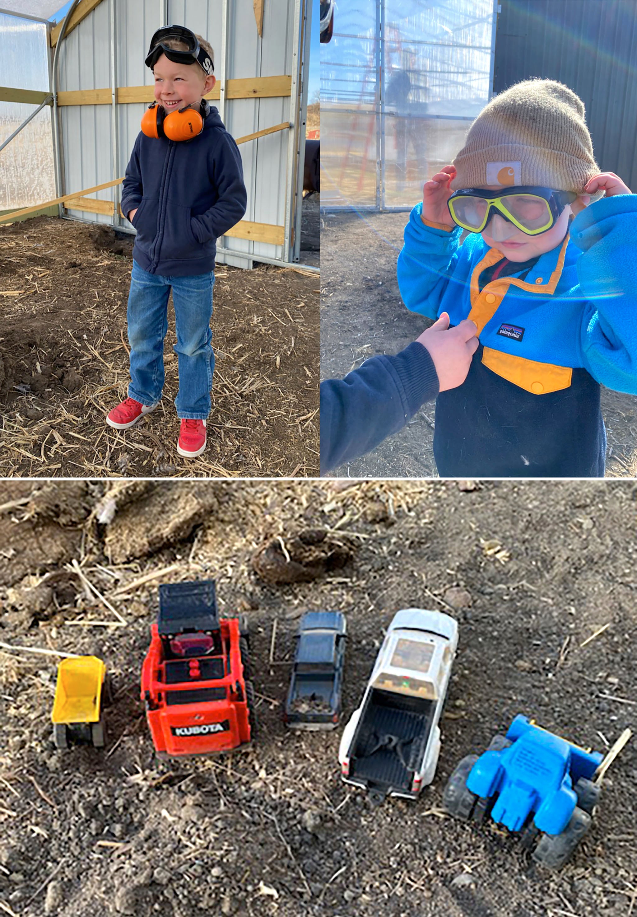 A collage of children wearing PPE and helping build a greenhouse.