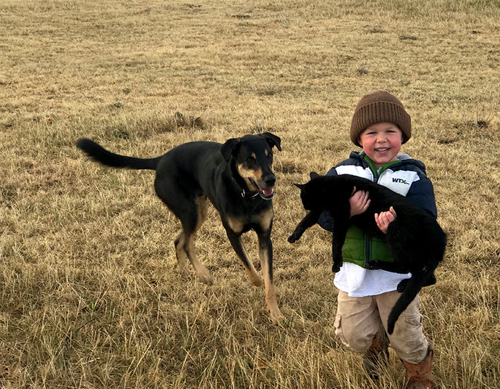 Barrett holding a black cat next to a dog