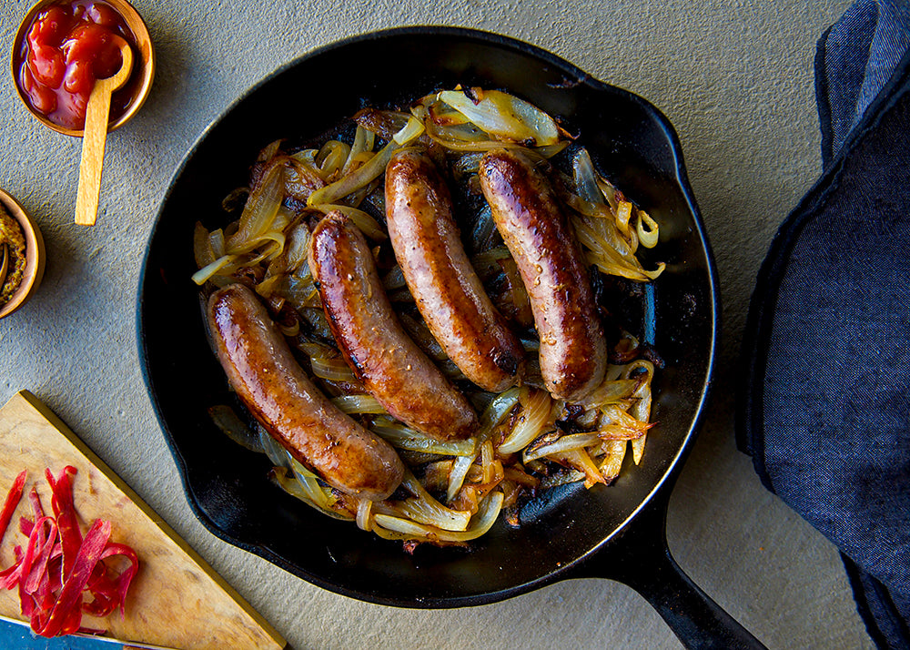 Smoked Bison Brats pan seared with onions