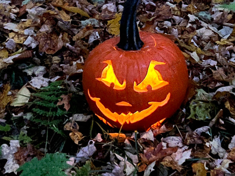 A pumpkin carved with a creepy face.