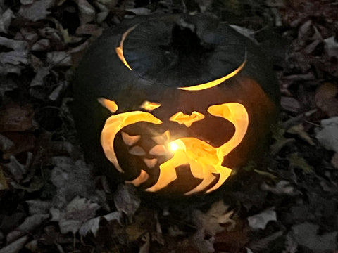 A cat carved in a pumpkin with a sliver moon.