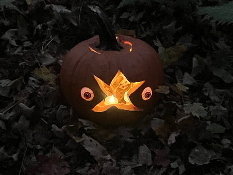 A pumpkin carved with a alien.