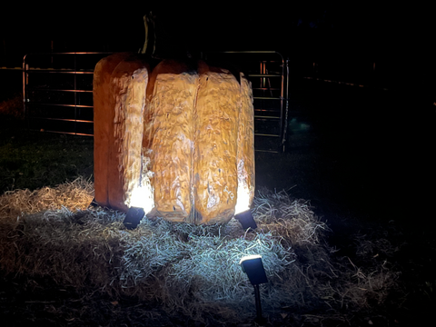 Giant wooden pumpkin at Wood's Vermont Maple Sugar House's Annual Pumpkin Walk