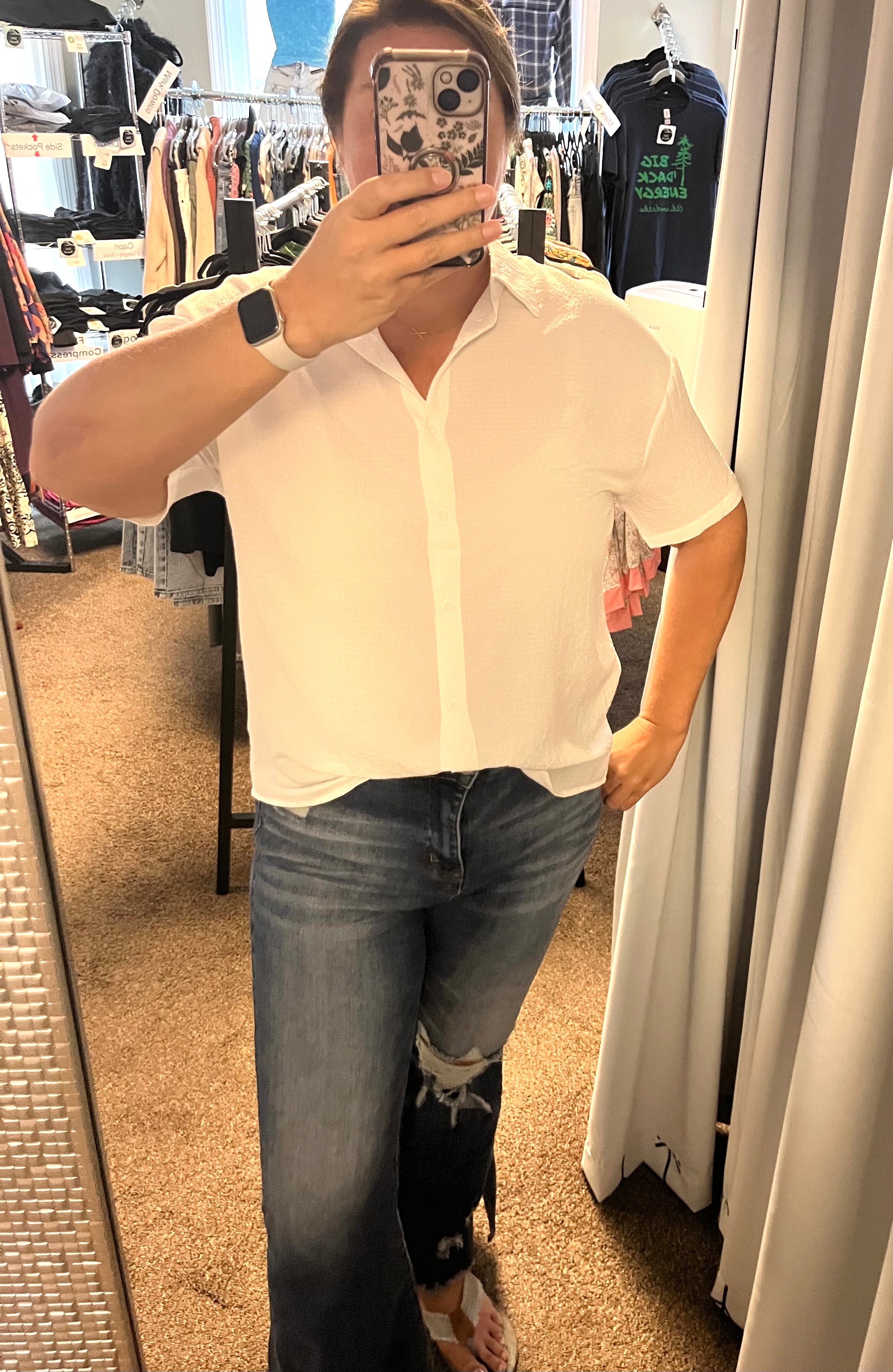 Button Down Short Sleeve Blouse - White (S)