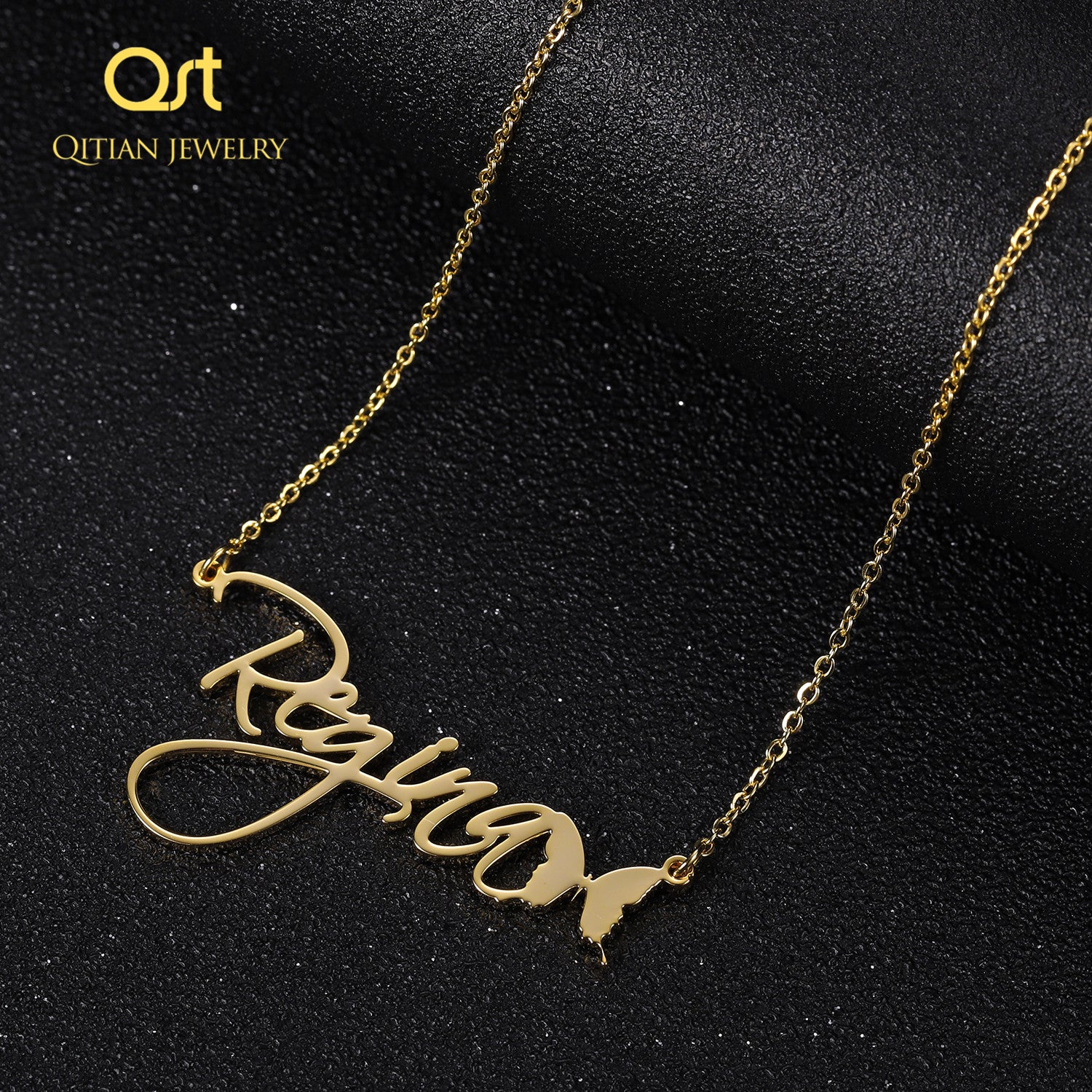 Butterfly symbol Cursive Nameplate Necklace – Qitian Wholesale ...