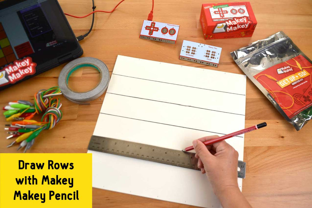 Draw rows with pencil- drawing space surrounded by supplies