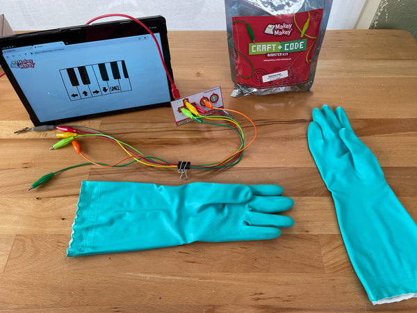 Cleaning Gloves, Makey Makey with alligator clips, tablet with piano app, Craft and Code kit