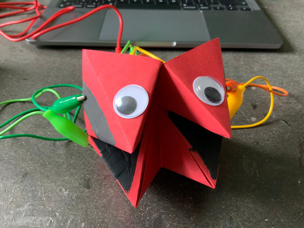 Red origami like structure with googly eyes. Cootie Catcher  Himmel Und Hölle Switch