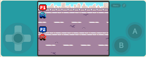 Networked 2 Player racing game- image of two 8bit cars on a street getting ready to race