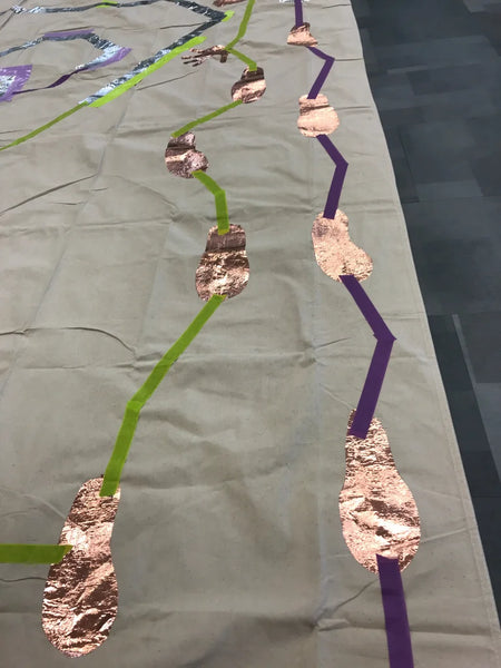 One green path with copper footprints and one purple path with copper footprints.
