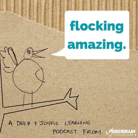Drawing of a bird standing on a handdrawn tree, saying "flocking amazing" A deep and joyful learning podcast