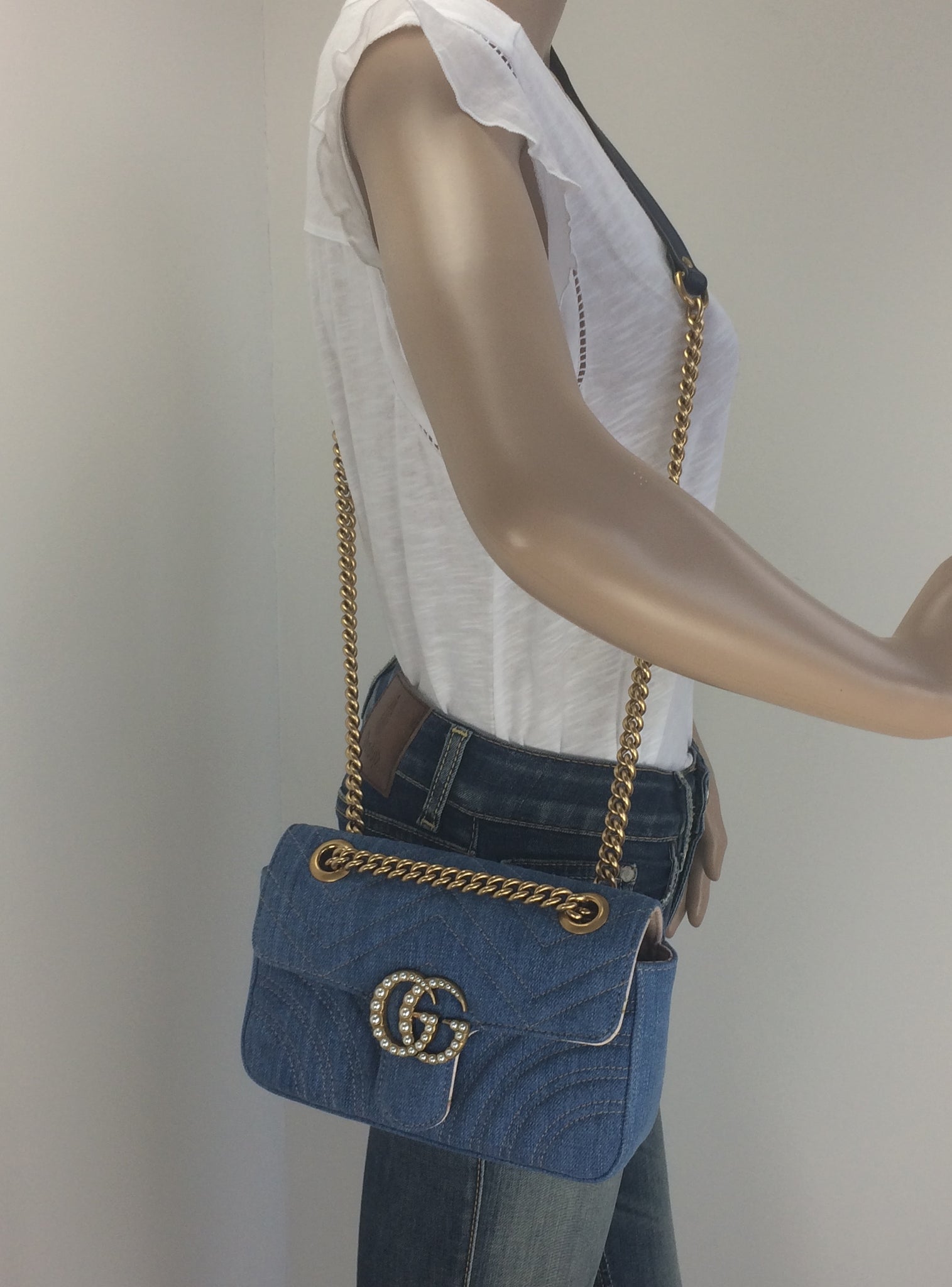 gucci denim bag with pearls