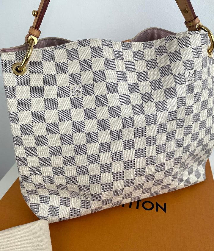 Louis Vuitton Graceful Pm Rose Ballerine White Damier Azur Canvas Hobo -  MyDesignerly