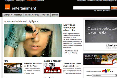 Orange UK Entertainment hub page