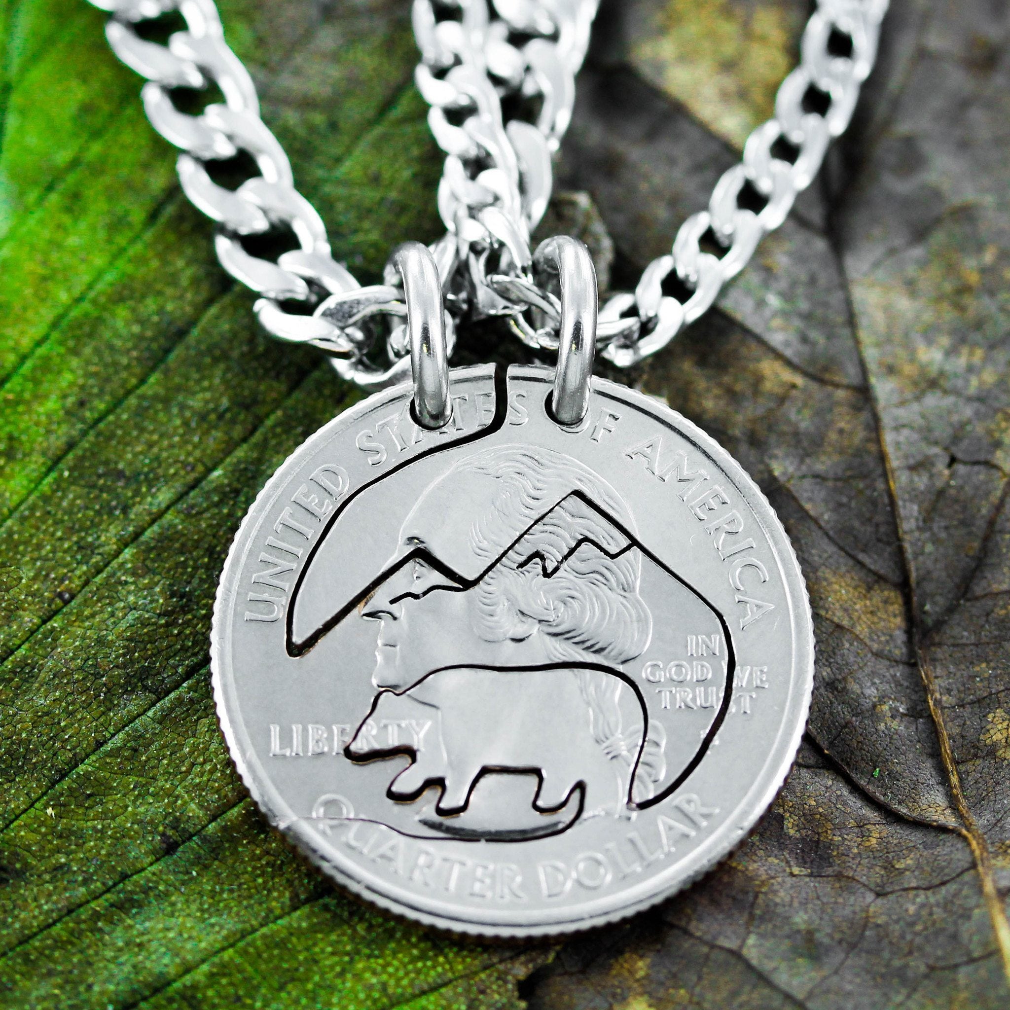 Bear and Mountain Necklace Set, adventure camping hand cut coin by NameCoins