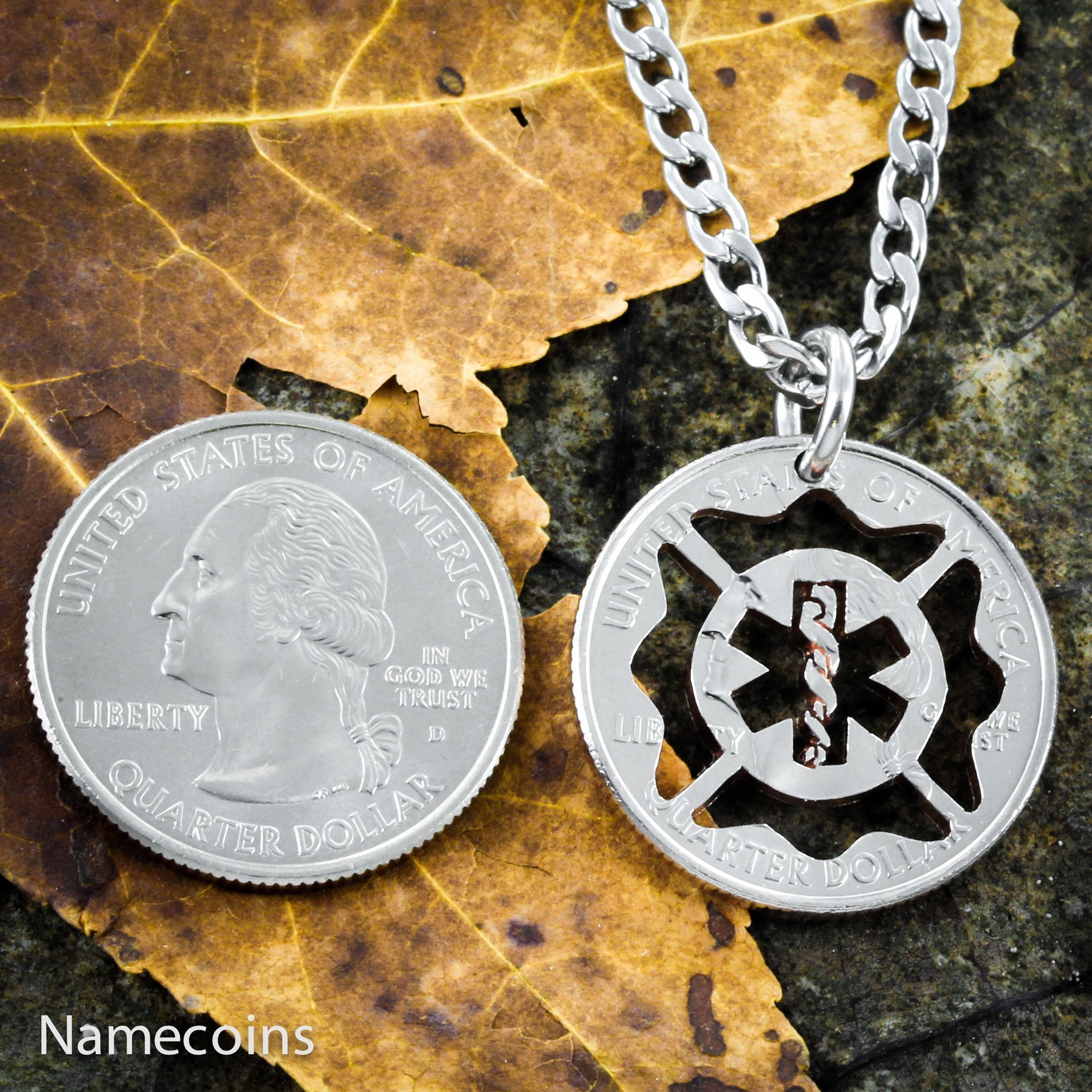 Fireman EMT couples necklace, hand cut coin jewelry