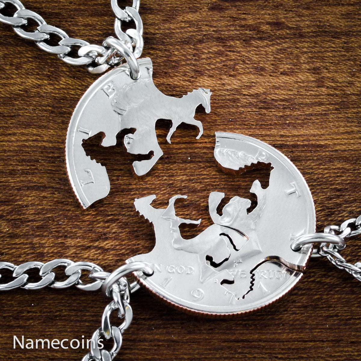 3 Best Friend Horse Necklaces, Interlocking Handcrafted cut Half Dolla