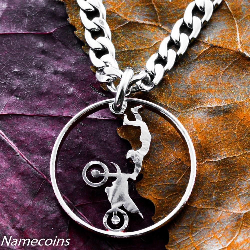 Motocross jewelry, Dirtbike necklace, Hand cut quarter by Nameco