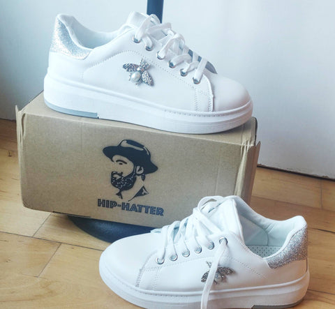 Bee Jeweled White Sneakers Silver - Hip-Hatter