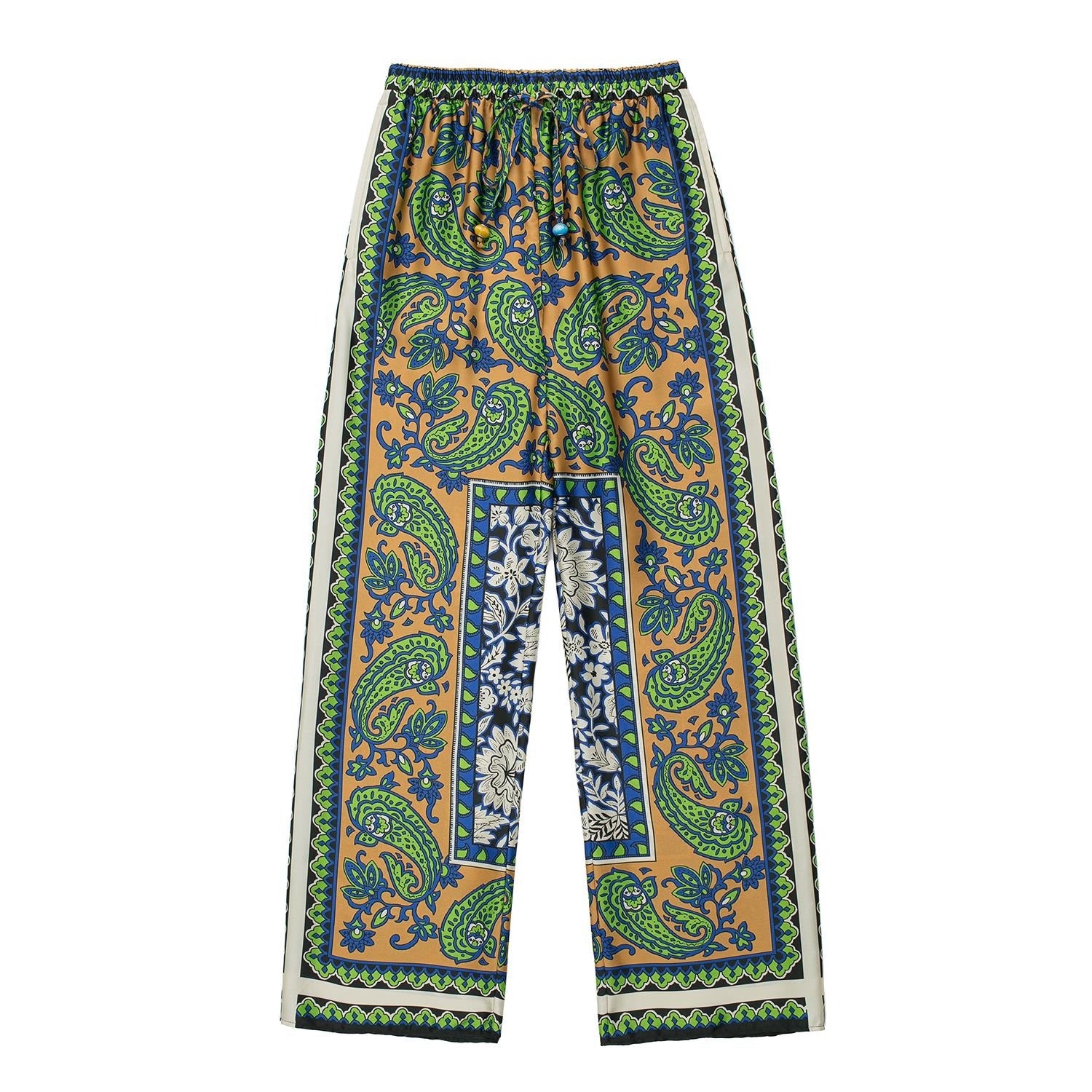 Womens Green Paisley Satin Bohemian Outfit Blouse and Trousers | HipHatter