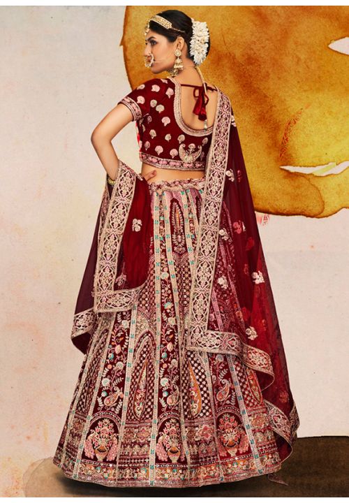 Maroon and Golden Net Bridal Lehenga with Double Dupatta