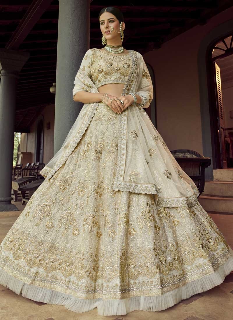 Superlative Velvet Cream Embroidered Designer Lehenga Choli