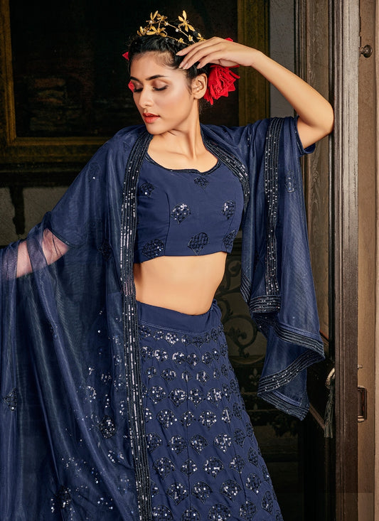 Blue Peplum Top Wedding Lehenga Choli In Net FZ117982