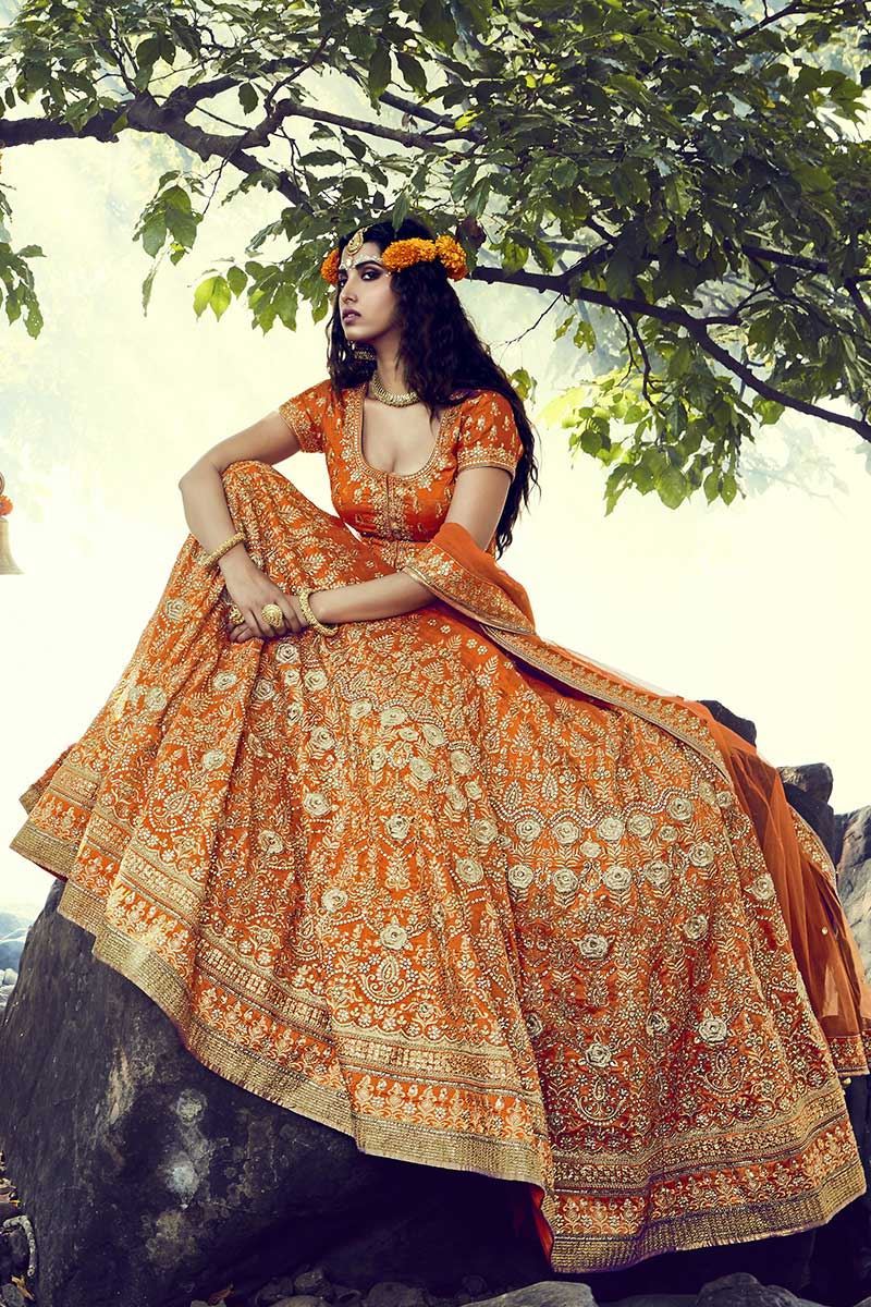 Orange Designer Kundan Work Indian Bridal Outfits Set - ShreeFashionWear  