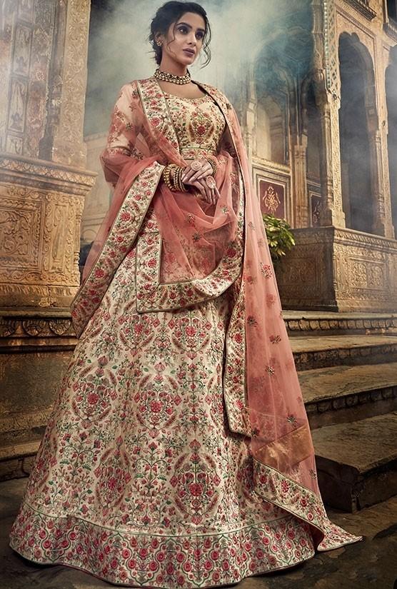 Multicolored Soft Art Silk Embroidered Umbrella Lehenga Wedd