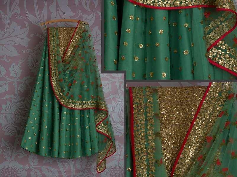 GoldGreenBridalReceptionLehengaSetInSilkHeavyHandworkINS145