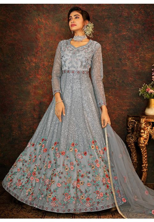Blue Indian Pakistani Bridal Gown Anarkali Suit In Net SFVPL18803