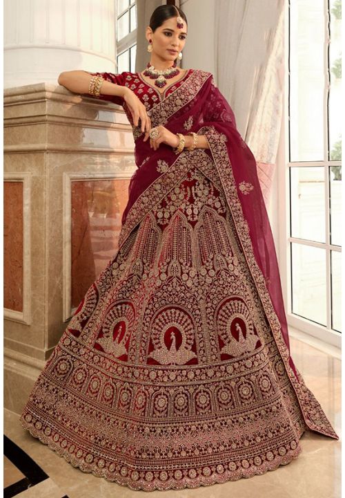 Designer Maroon Net Hand Embroidered Bridal Lehenga MIHAZ002