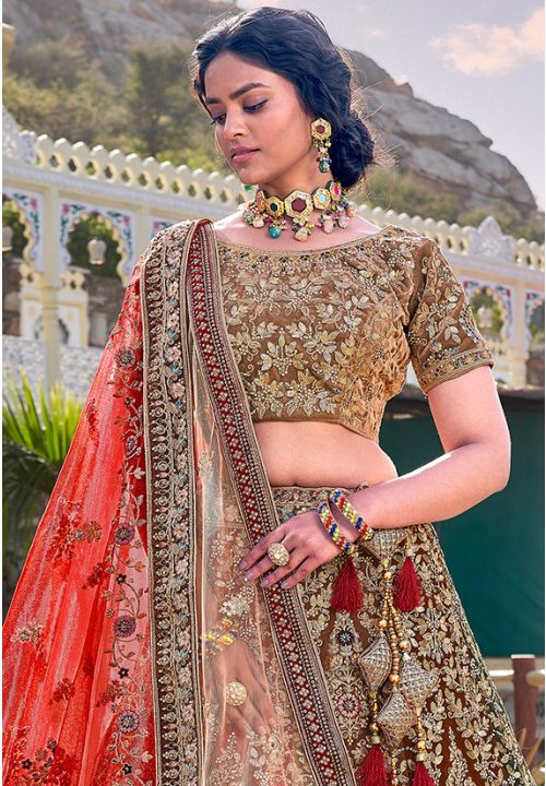 Peach Velvet Bridal Lehenga Choli 277196