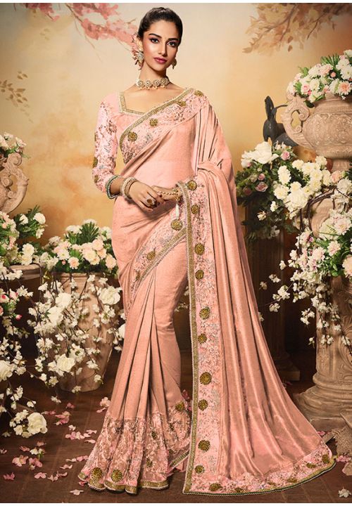 Buy Peach Banarasi Silk Indian Wedding Saree Online - SARV05923