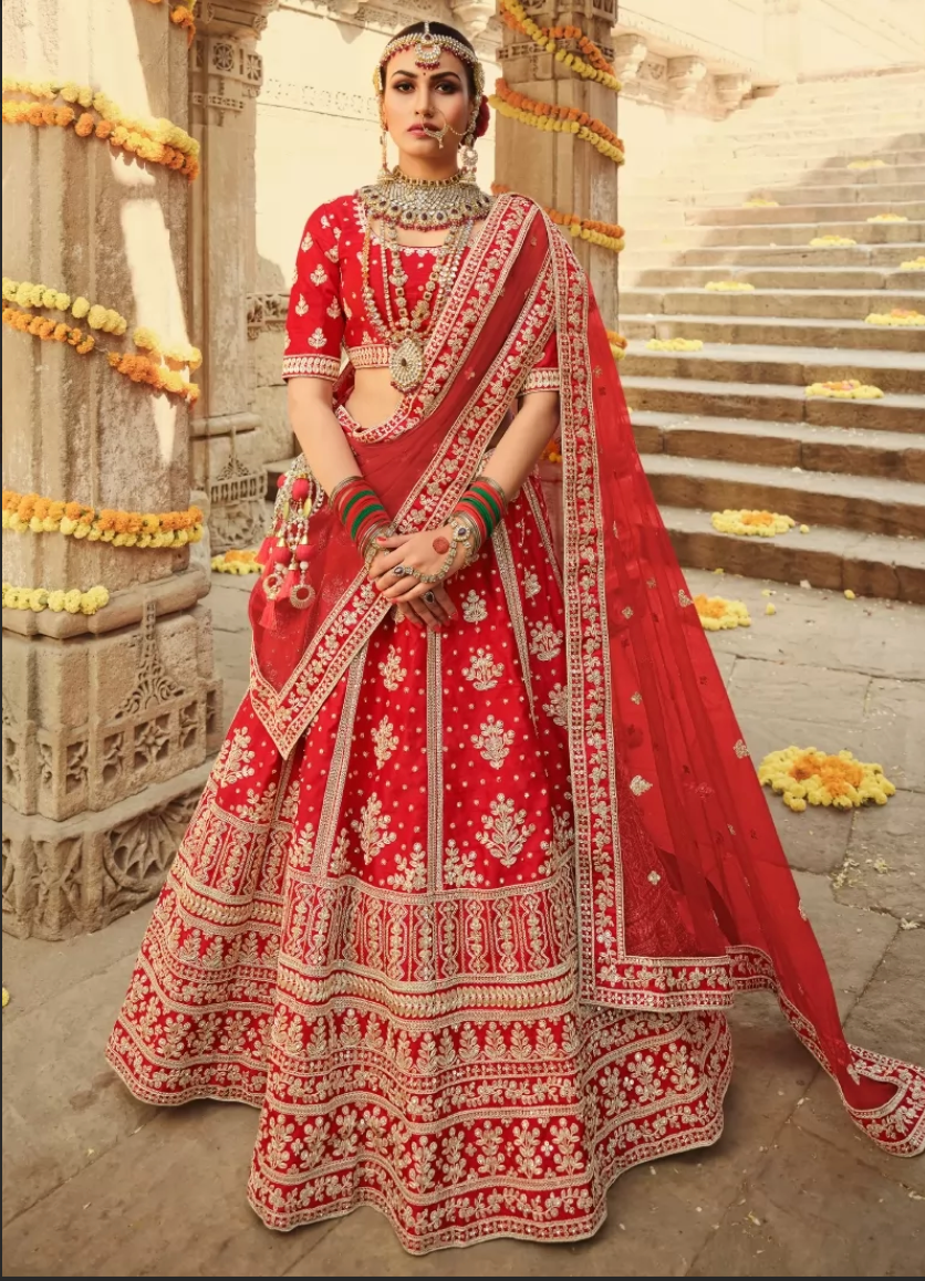 BRIDAL WEAR VELVET EMBROIDERY WITH ZARI WORK LEHENGA CHOLI WITH DUPATTA RED  – Ethnicgarment