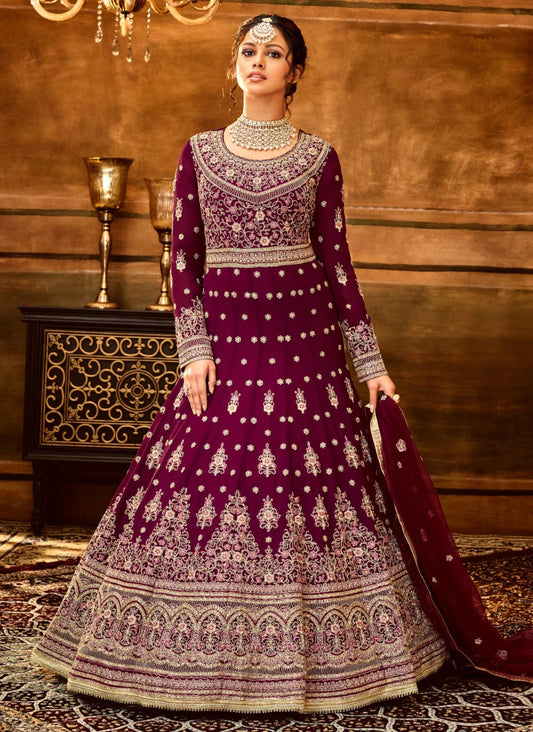 Maroon Red Net Designer Heavy Sequin Work Anarkali Suit SRDFS17704