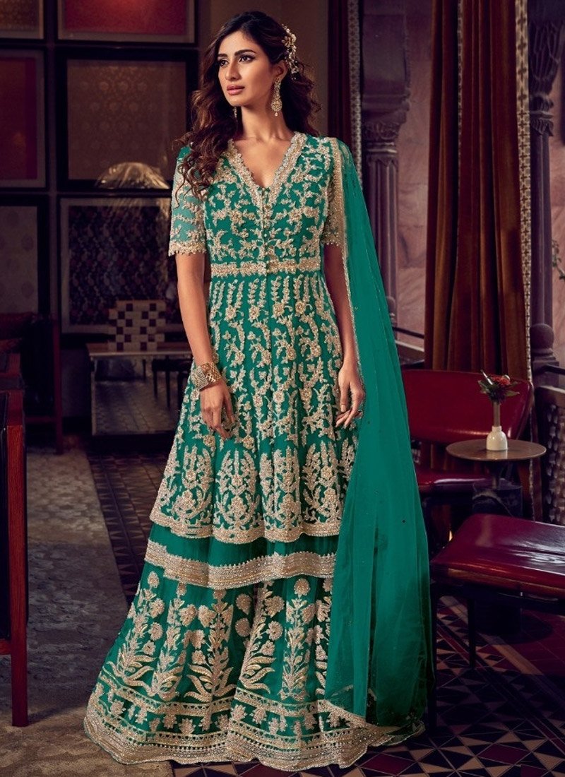 Dusty Green Embroidered Net Sharara Suit | Party wear indian dresses,  Designer party wear dresses, Stylish dresses for girls