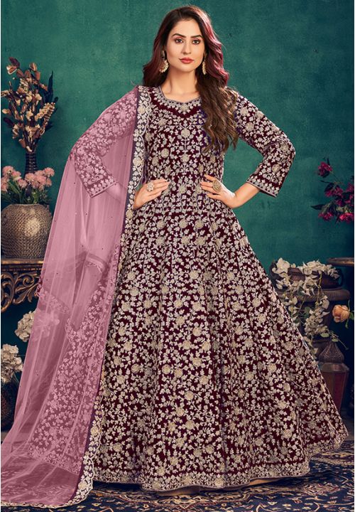 Buy Solid Maroon Anarkali Suit Set With Bandhej Dupatta by PHEETA at Ogaan  Market Online Shopping Site