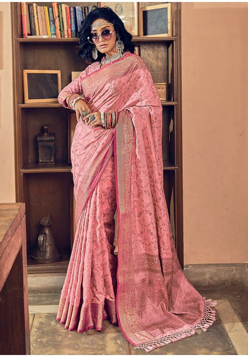 Buy Peach Banarasi Silk Indian Wedding Saree Online - SARV05923