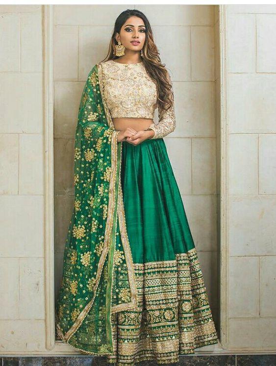 Bottle green floral printed lehenga with a hand embroidered criss cros –  KRUPA KAPADIA