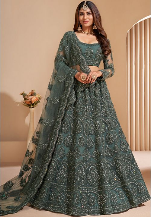 Sea Green Mirror Engagement Lehenga Choli -