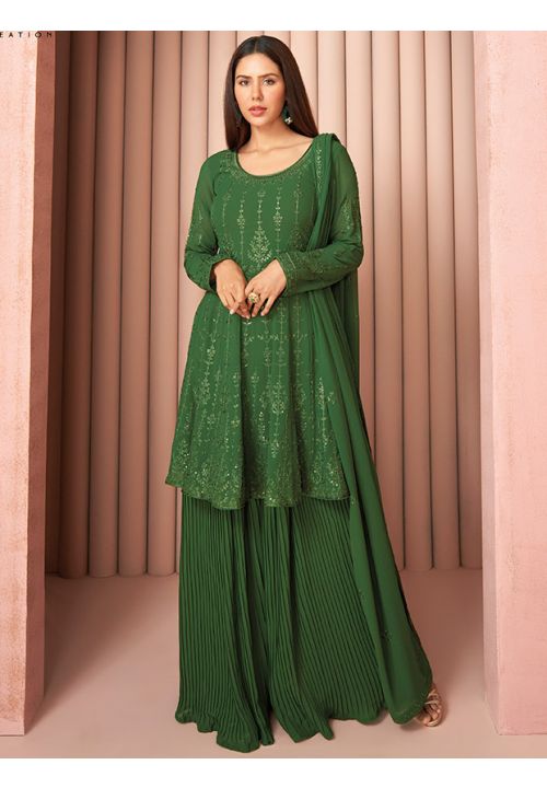 Green Heavy Long Palazzo Sharara Suit In Georgette SFSA333402