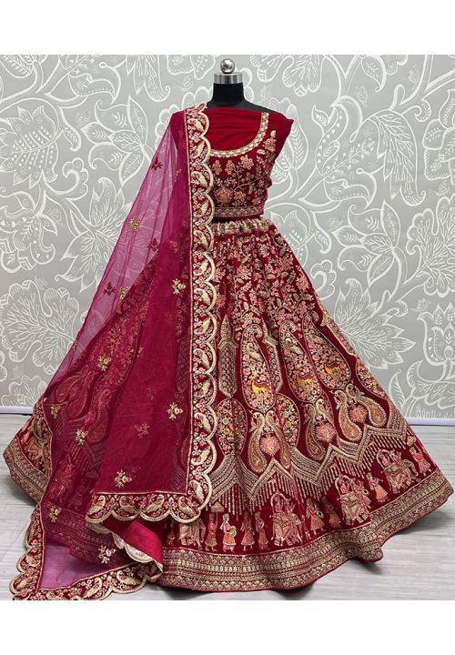 Velvet Maroon Designer Lehenga Choli -