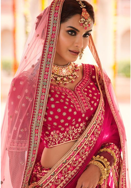 Pink Heavy Bridal Zarkan Work Lehenga Set In Velvet SRARY11601 – ShreeFashionWear