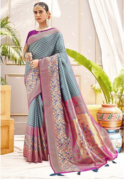 Buy Peach Banarasi Silk Indian Wedding Saree Online - SARV05923